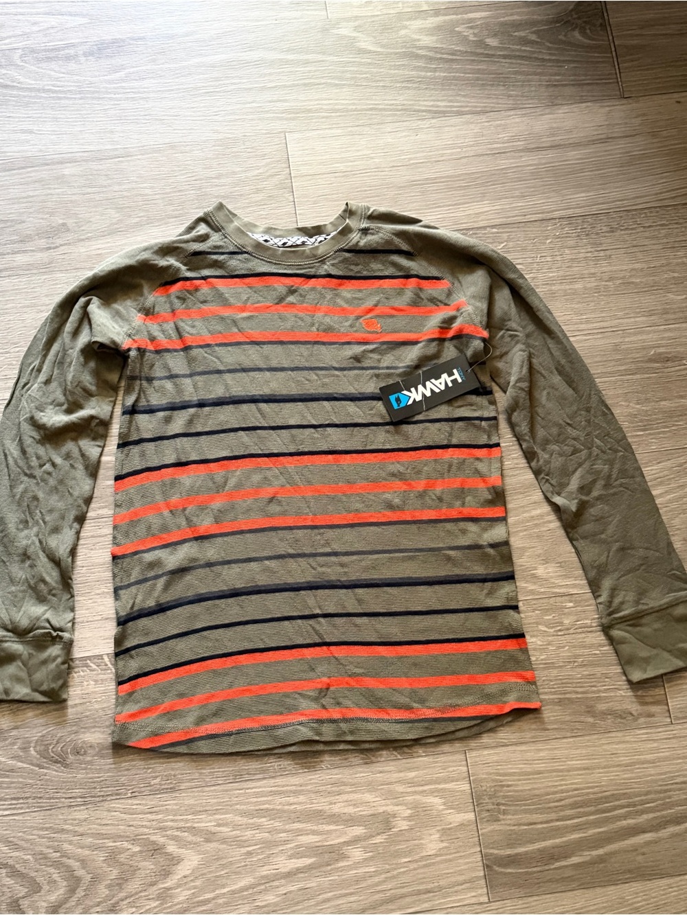 Tony Hawk Olive Green Long-Sleeve Striped Tee with Orange and Navy